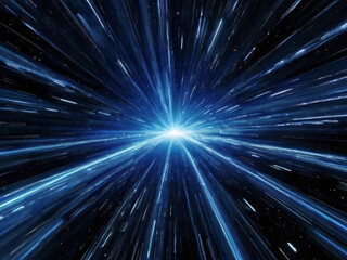 Light speed, hyperspace, space warp background. Blue streaks of light gathering towards the event horizon