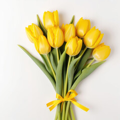 bouquet of yellow tulips  on white background, top view