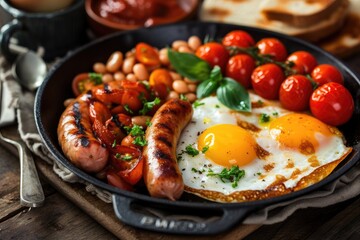 A classic English breakfast with fried eggs, sausages, baked beans, and grilled tomatoes