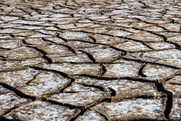 Frozen and dry soil with cracks due to drought and water shortage