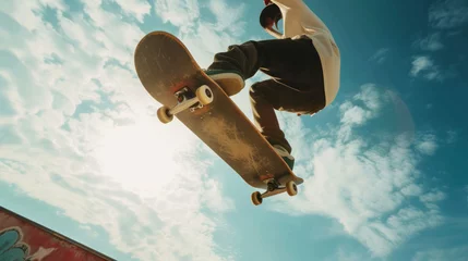 Fotobehang Skateboarder skateboarding. Skateboarder Flying. skateboarder young teenager. Skateboarder doing a skateboard trick. Fitness, freedom and man do action skills, jumping and cool movement for sport. © Nataliia_Trushchenko