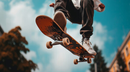 Skateboarder skateboarding. Skateboarder Flying. skateboarder young teenager. Skateboarder doing a skateboard trick. Fitness, freedom and man do action skills, jumping and cool movement for sport. - obrazy, fototapety, plakaty