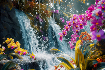 Orchids Blossoming Around a Tropical Waterfall, Harmony of Water Splashes and Vibrant Floral Colors Expressing Nature's Strength and Elegance.