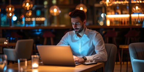 Fototapeta premium Focused man working on laptop in a cozy evening setting at a trendy bar. casually dressed. professional and modern. AI