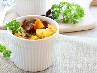 homemade food goulash with meat in cups