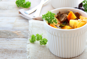homemade food goulash with meat in cups