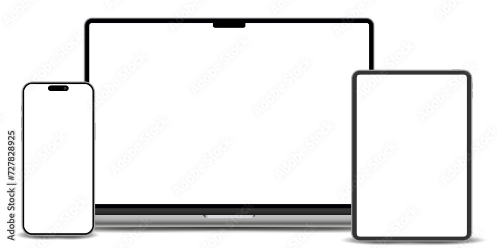 Poster Modern laptop smartphone and tablet mockup front view high quality isolated on white background, notebook pad mockup and phone device mockup for ui ux app and website presentation - vector