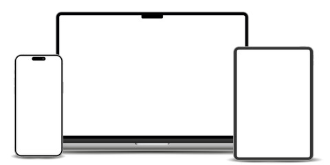 Modern laptop smartphone and tablet mockup front view high quality isolated on white background, notebook pad mockup and phone device mockup for ui ux app and website presentation - vector