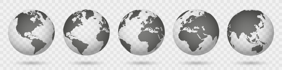 Earth set 3D globes with world maps, set Earth globe hemispheres with continents, world maps with shadow on transparent background, view from different positions