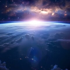 Fototapeta premium Majestic sunrise over earth, space beauty captured, cosmic dawn gleaming. serene planetary view for peaceful contemplation. AI