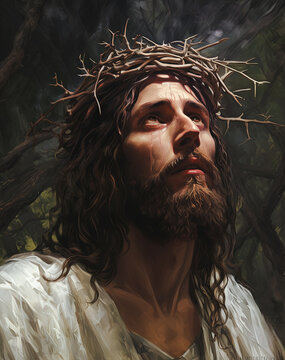  Jesucristo con la cara ensangrentada y portando corona de espinas y t&uacute;nica blanca, sobre fondo desenfocado, concepto semana santa