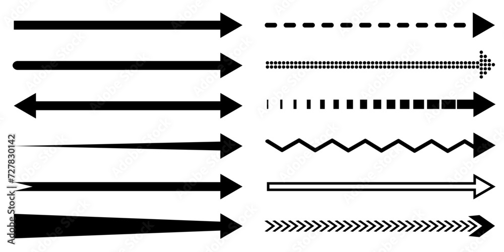 Poster arrow long set, different horizontal arrows isolated - stock vector