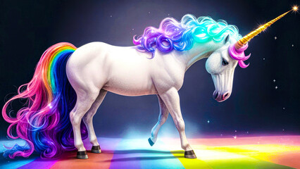 White Unicorn with a Rainbow mane in a fairy tale world. Illustration of a fantastic unicorn with a rainbow, a magical animal
