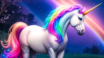 Obraz na płótnie Canvas White Unicorn with a Rainbow mane in a fairy tale world. Illustration of a fantastic unicorn with a rainbow, a magical animal