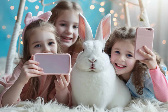 Young girls holding a adorable bunny Holland lop and using smartphone taking a picture. They playing with pet together with fun in the room.