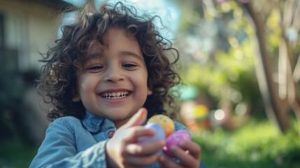 Happy candid toddler with easter eggs  in garden. Kid hunting for chocolate eggs at easter egg hunt. AI generated 
