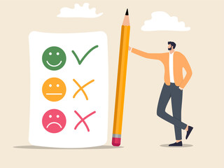 Customer feedback with emoticons, user experience or client satisfaction, opinions for products and services, review ratings or evaluation concept.