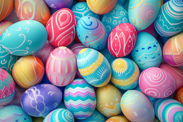 Fototapeta na wymiar Background of a delightful array of Easter eggs with unique patterns and a glossy finish