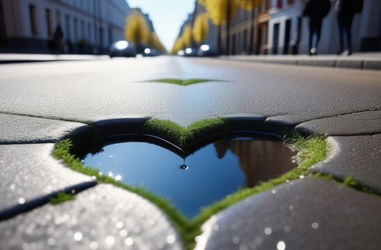 There is a heart-shaped puddle on the street, spring, morning, big city 