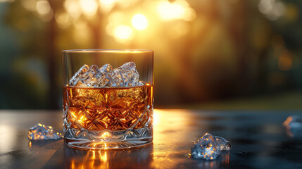 Sonnenuntergang mit Whisky – Ein edler Tropfen in kristallklarem Glas, umspielt von schimmernden Eiswürfeln und dem warmen Licht der Abendsonne