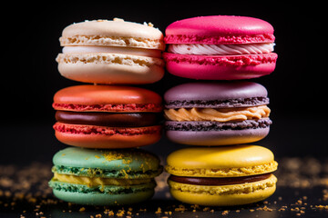 Stacked colorful macarons on a dark backdrop. Concept for bakery, dessert menu or sweet treat promotion.