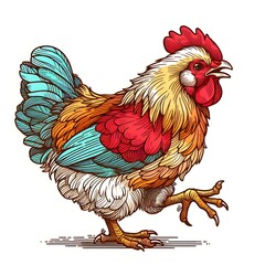 Colorful Illustrated chicken Stepping Forward With Detailed Feathers