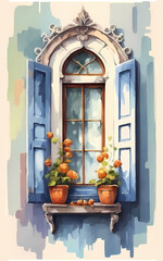 Watercolor Painted Window Scene