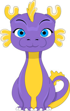 fantasy animal cartoon doodle illustration, purple dragon cub smiling kindly