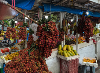 Fresh and ripe rambutan sweet tropical fruit peeled rambutan with leaves, 