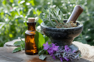 Mortar with healing herbs and sage, glass bottle of essential oil outdoors
