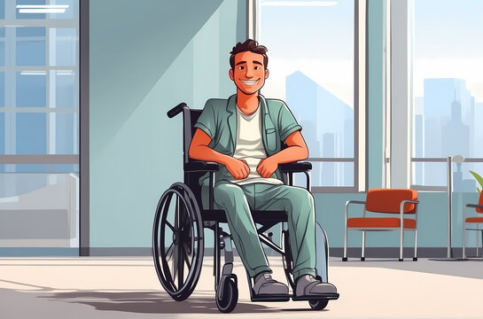 Disability Male Riding Wheelchair inside hospital room. Cartoon Characters Illustration