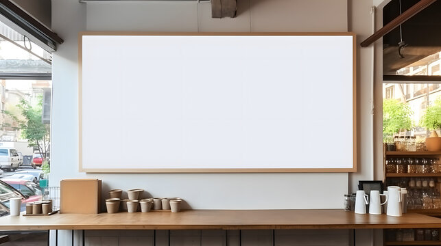Mockup image of Blank billboard white screen posters for advertising, Blank photo frames display in coffee shop for your design. Generative AI.