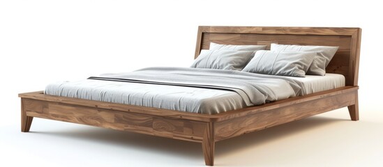 Comfortable Wooden Bed on Isolated White Background