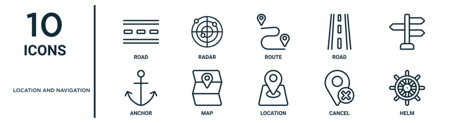 location and navigation outline icon set such as thin line road, route, , map, cancel, helm, anchor icons for report, presentation, diagram, web design - obrazy, fototapety, plakaty