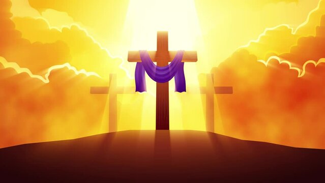 Biblical motion graphic series, wooden cross with purple sash on the hill with dramatic clouds background, for Good Friday, resurrection, easter, Ash Wednesday, christianity theme
