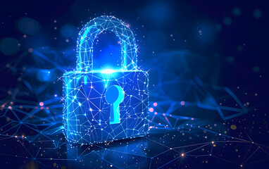 A cyber security concept illustration featuring a futuristic padlock on a blue background, symbolizing intertwined networks with dotted 3D holographic elements.