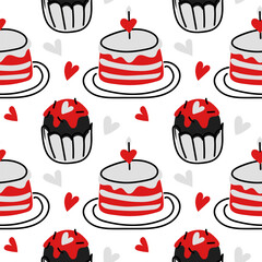 Pattern cake, muffin. Sketches of doodle cupcakes with hearts. Baked dessert for a Valentine's Day party. Ornament is hand-drawn. A linear sketch of the battery. With love , doodle flat illustration