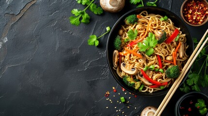 Delicious asian noodles with vegetables and mushrooms on dark background . Top view copy space - obrazy, fototapety, plakaty