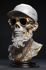 Marble statue with gold flecks, skull bust with beard, hipster, skull with sunglasses, modern style