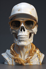 Creative Marble statue bust  with gold flecks human skull in sunglasses, hipster, modern style, abstract 