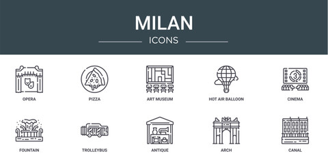 Fototapeta premium set of 10 outline web milan icons such as opera, pizza, art museum, hot air balloon, cinema, fountain, trolleybus vector icons for report, presentation, diagram, web design, mobile app