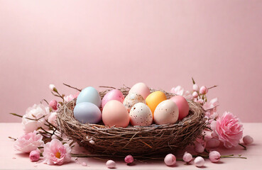 Fototapeta na wymiar Easter eggs in nest. Happy Easter.