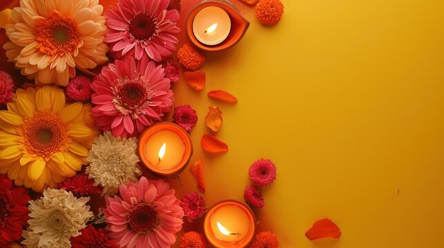 Beautiful blooming flower in diwali event with empty space background. AI generated image