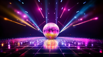 Music stage. Dance floor. Disco ball show performance begin with lighting and amplifier isolated on white background. Generative AI.