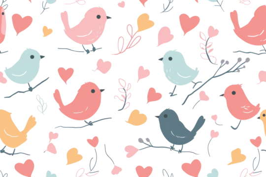 Pastel Seamless Valentines Hearts with Birds - Powered by Adobe