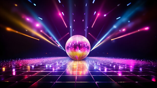 Music stage. Dance floor. Disco ball show performance begin with lighting and amplifier isolated on white background. Generative AI.