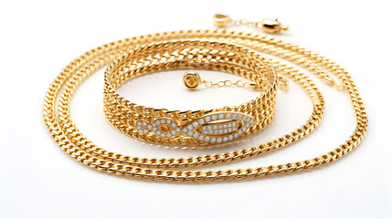 Gold jewelry. Gold chain bracelet and necklace isolated on a white background.