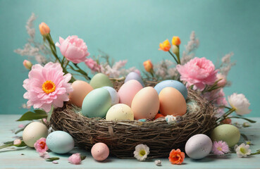 Easter eggs and flowers. Happy Easter.