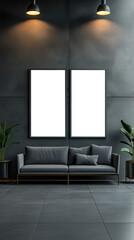 Modern Interior design of modern living room with blank frame Canvas mockup. grey sofa and wall with two empty  art frames