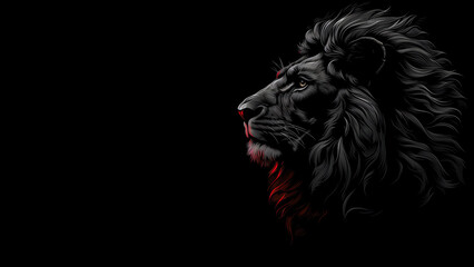 Digital drawing head of lion with mane, bold stencil design on black background with copy space for text.